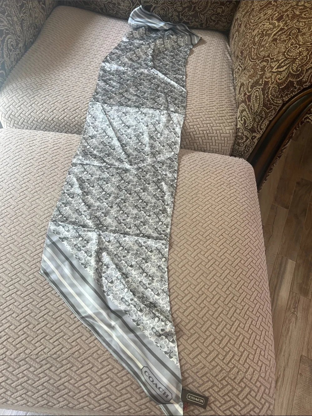 NWT 100% silk Coach Gray and White Signature Pattern scarf.